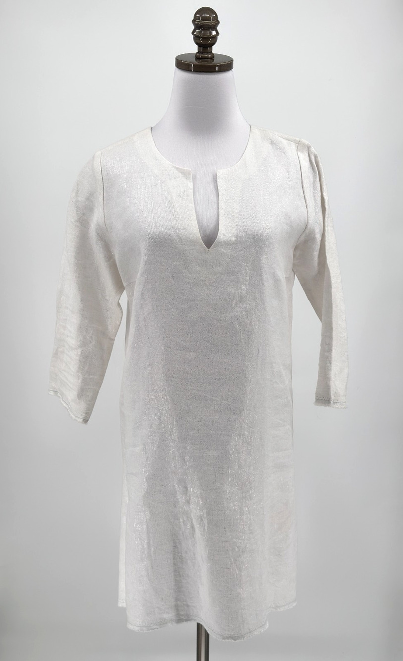 Harwood White Metallic Linen Split Neck 3/4 Sleeve Casual Tunic Dress Sz XS